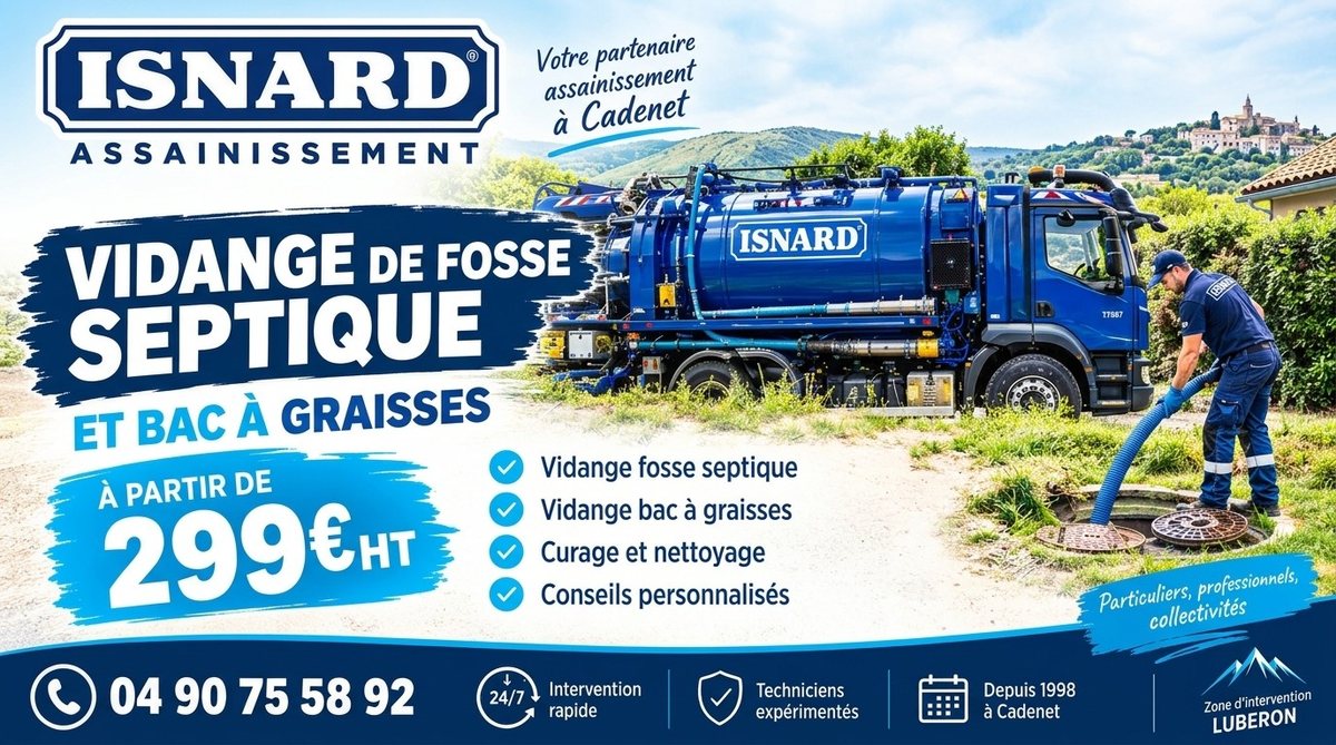 Camion de vidange de fosse septique pompant une cuve dans une propriété du sud Luberon